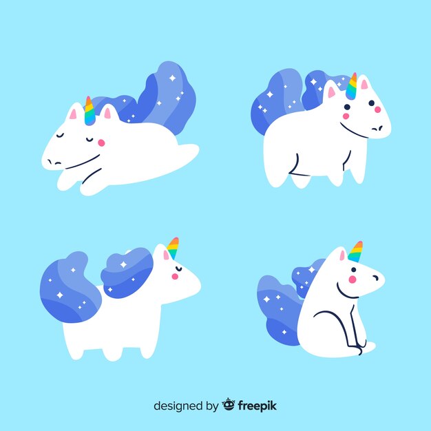 Kawaii blue unicorn character collection