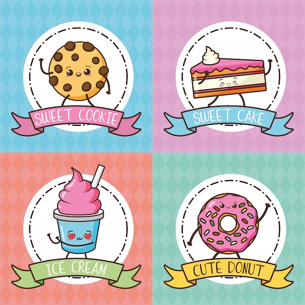 Kawaii cookie, cake, donut and ice cream in pastel colors, illustration