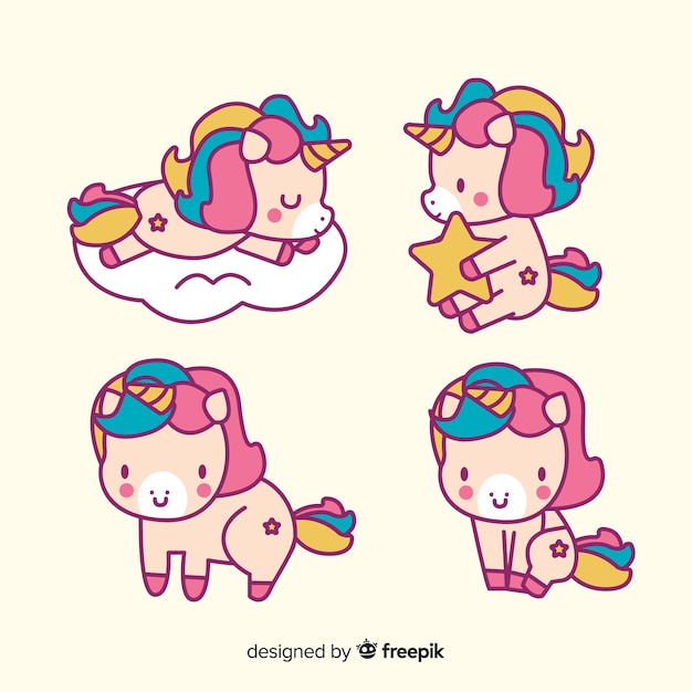 Free Vector kawaii cute unicorn character collection