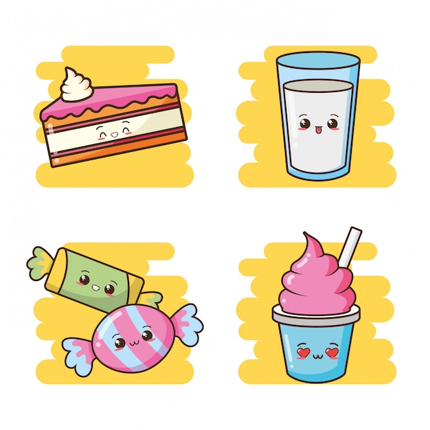 Kawaii fast food cute cake, candies, icecream, milk illustration 