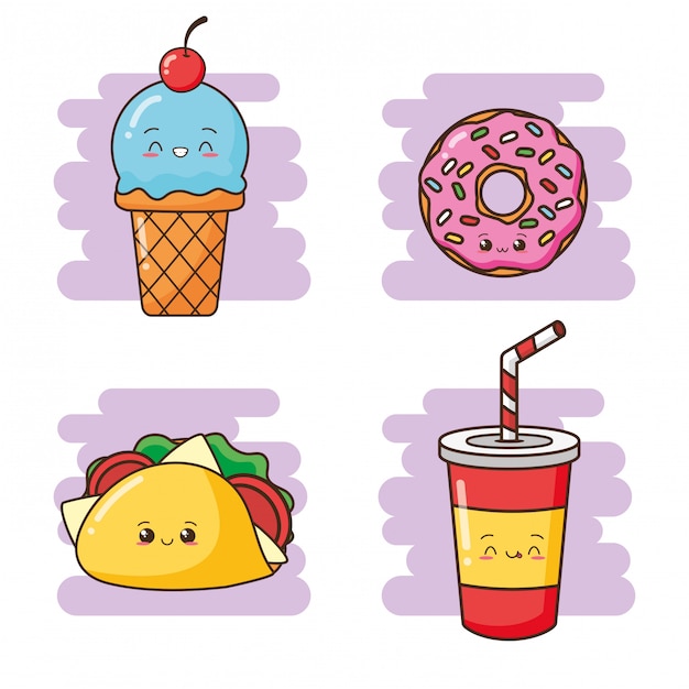 Free Vector kawaii fast food cute drink, taco, donut, icecream illustration 