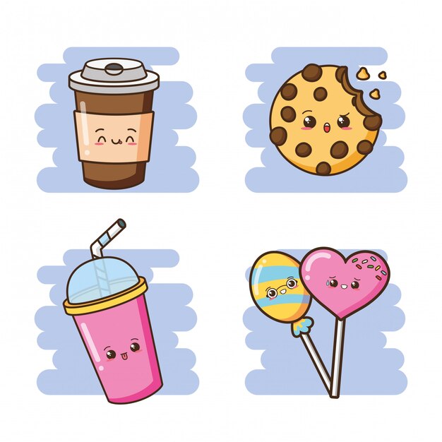 Kawaii fast food cute drinks, cookie and lollipops illustration 