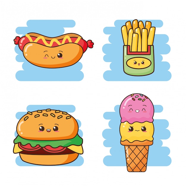 Free Vector kawaii fast food cute fast food icecream, hamburger, hotdog, fries illustration 