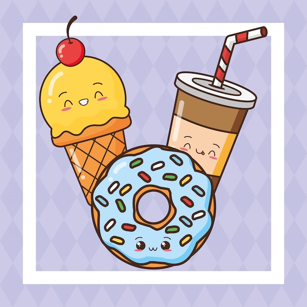 Free Vector kawaii fast food cute food, icecream, drink, donut illustration 