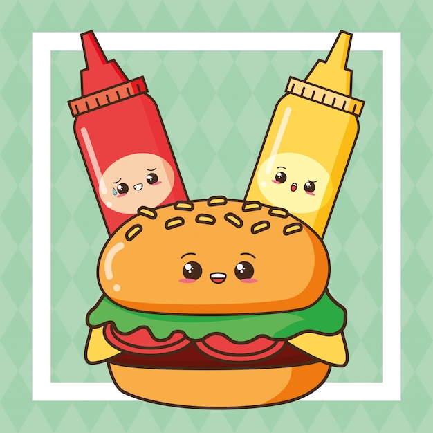 Free vector kawaii fast food cute hamburger with ketchup and mustard