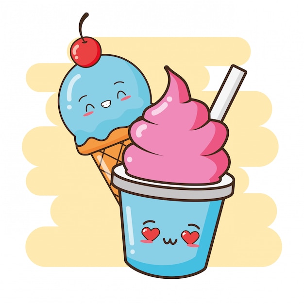 Kawaii fast food cute icecreams illustration 