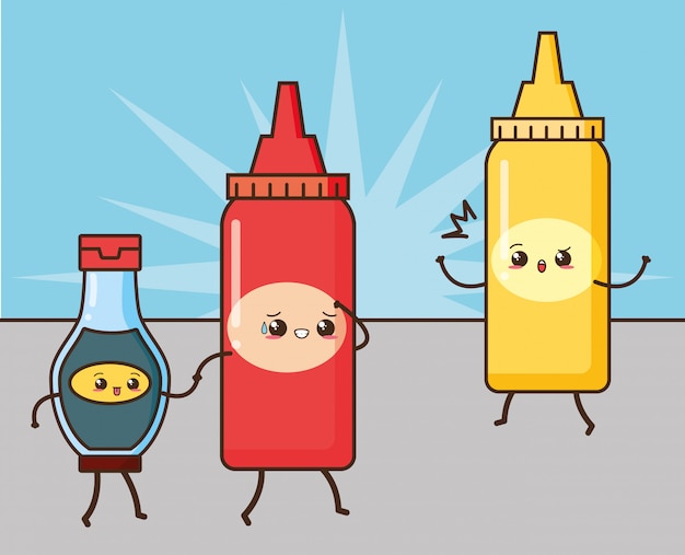 Kawaii fast food cute sauces illustration 