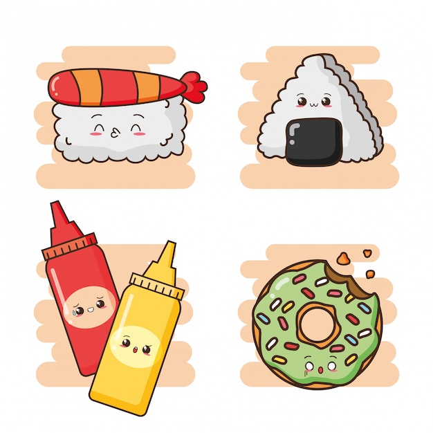 Free Vector kawaii fast food cute sushis, sauces and a cute green donut illustration 