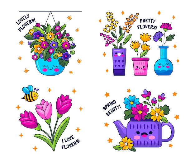 Free vector kawaii flowers stickers set