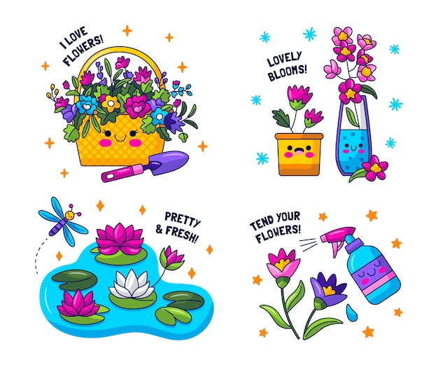 Kawaii flowers stickers set