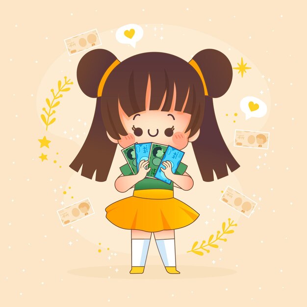 Kawaii girl holding yen money