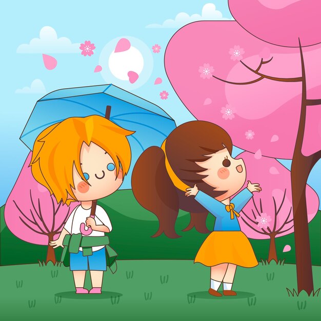 Kawaii kids and sakura standing next to pink trees