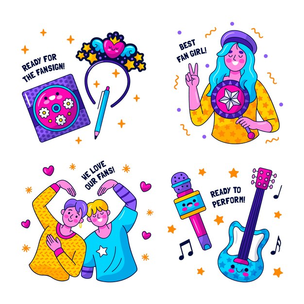 Kawaii kpop stickers set illustration