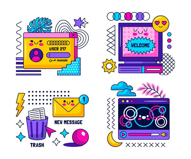 Kawaii retro internet and computer stickers