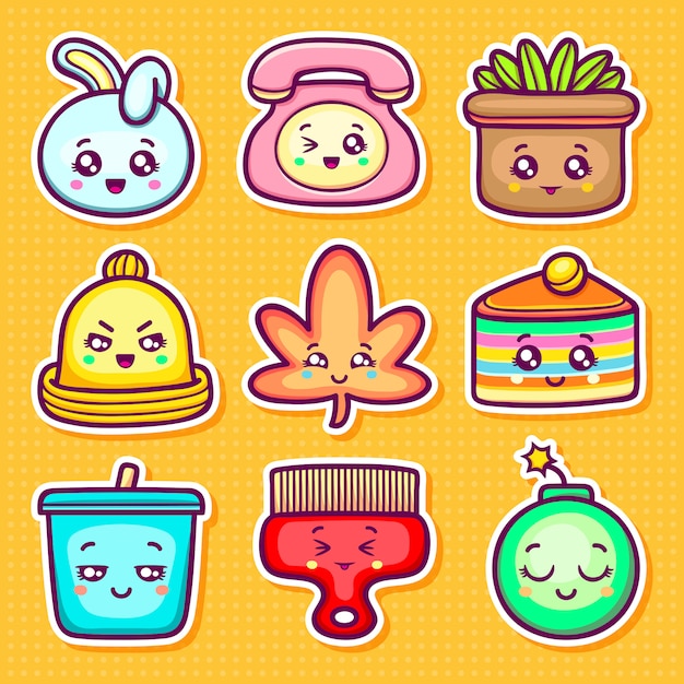 Kawaii Sticker Icons Hand Drawn Doodle Coloring 