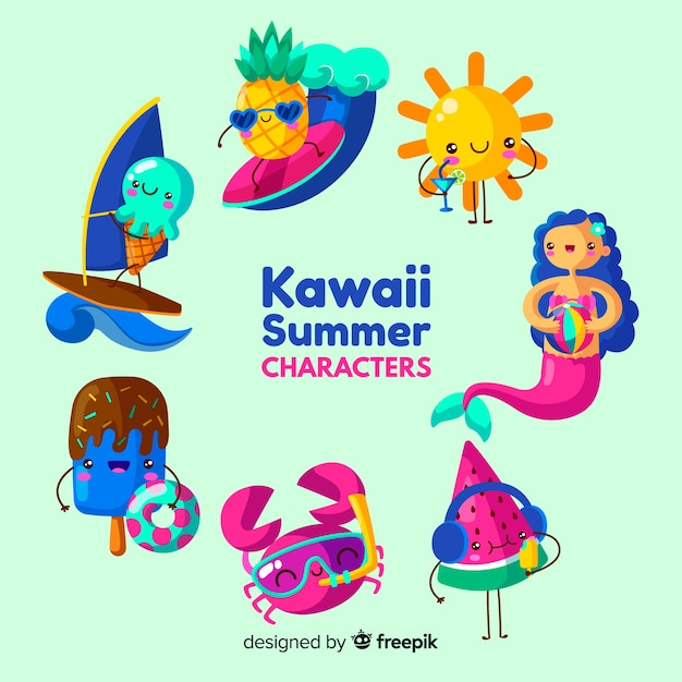 Kawaii summer elements set