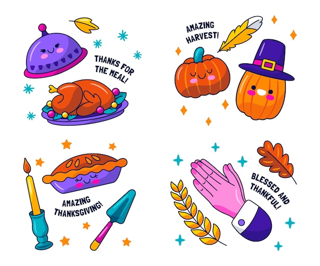 Free vector kawaii thanksgiving sticker collection