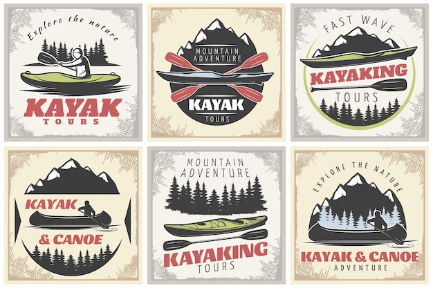 Free vector kayaking tours posters set