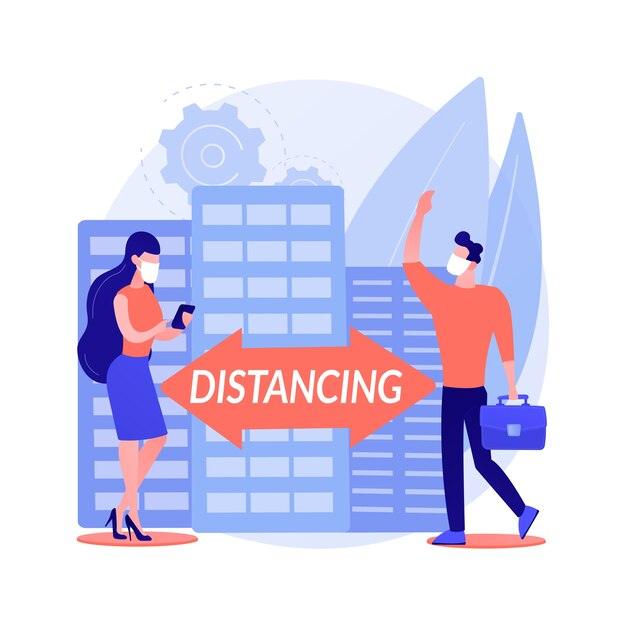 Keep distance abstract concept vector illustration. Social distancing, prevent virus spread, self protection measures, wear mask, emergency state, distance working, home office abstract metaphor.