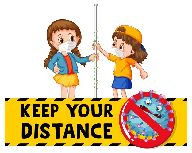 Free Vector keep your distance font in cartoon style with two kids do not keep social distance isolated on white background