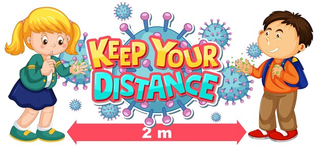 Keep your distance font design with kids showing thier dirty hands and coronavirus icon