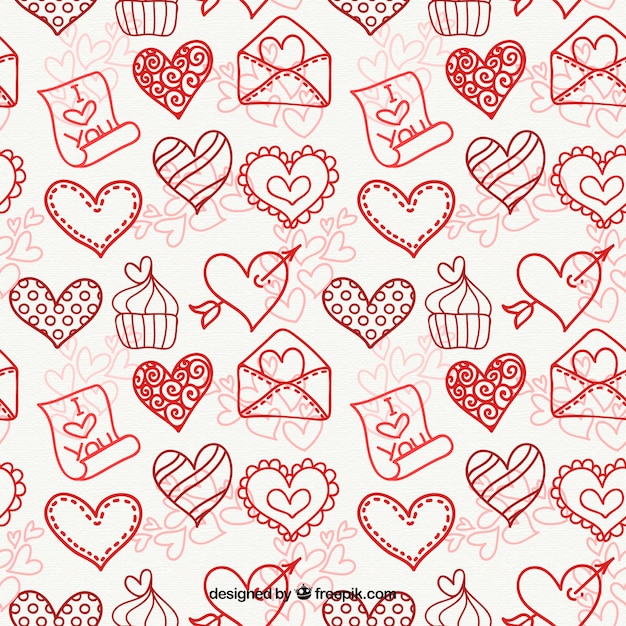 Ketches of hearts with cupcake and envelope pattern