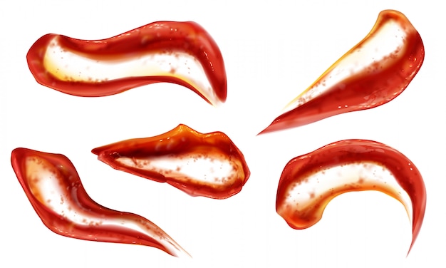 Free vector ketchup splashes set top view, tomato sauce blobs