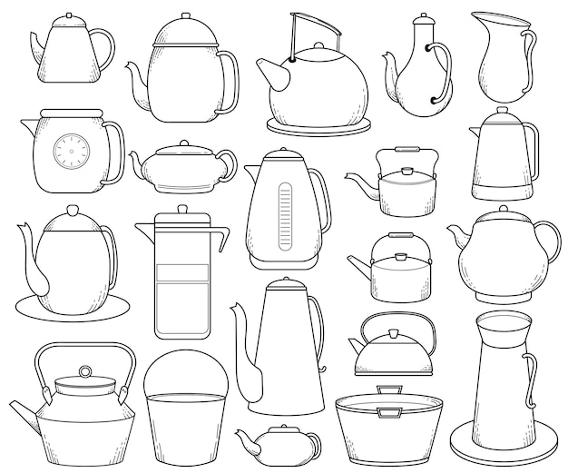 Free vector kettle and bucket doodle line art illustration collections