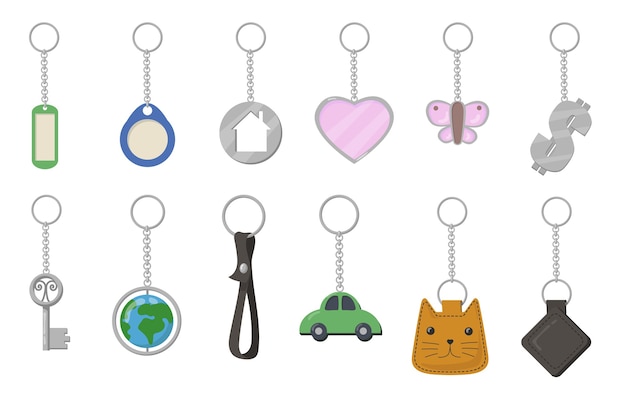 Free vector keychains and keyrings set. heart, butterfly, cat, car, earth shaped key fobs isolated on white background. vector illustration for trinket, souvenir, opening door, property rent concept