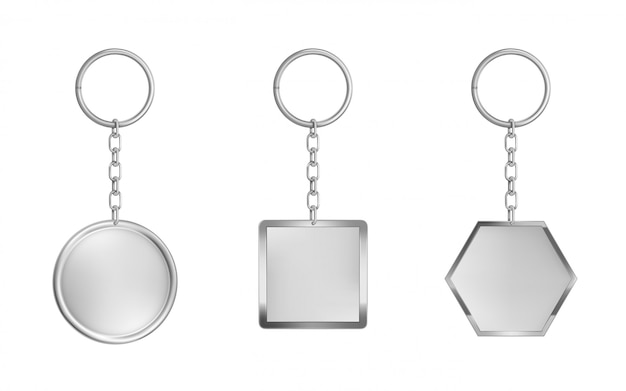 Keychains set. Metal round, square and hexagon