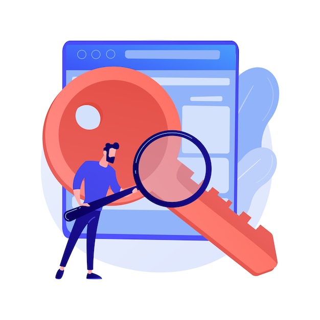 Free Vector keywords searching. seo, content marketing isolated flat design element. business solution, strategy, planning. man holding magnifier and key concept illustration