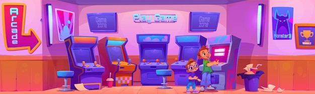 Free Vector kid boys playing arcade in retro game machine room