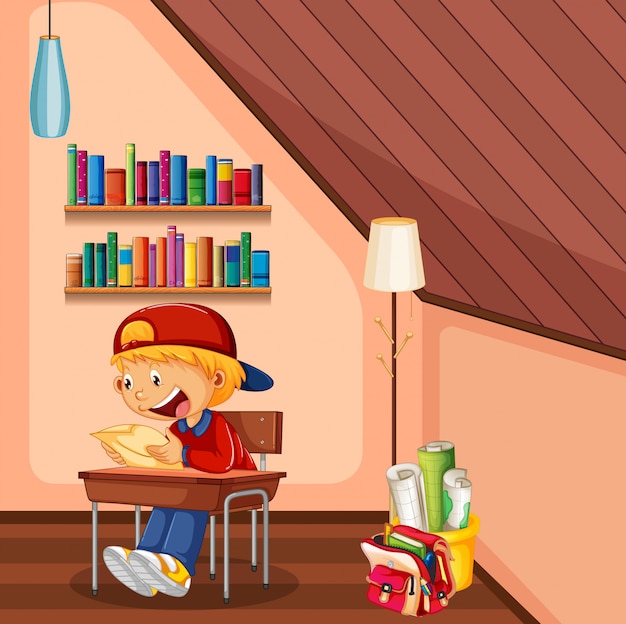 Free Vector kid doing homework in room with bag and books