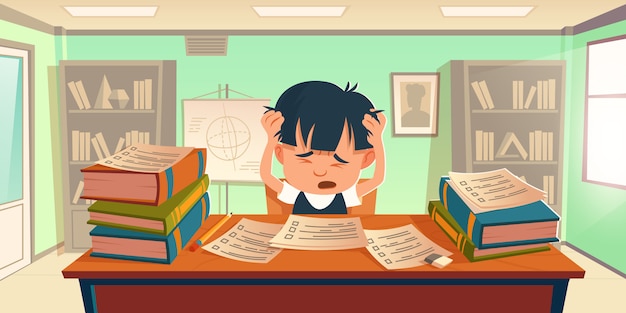 Free Vector kid got stress doing homework or prepare for exam