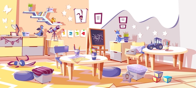 Kid nursery room or kindergarten interior illustration in cozy Scandinavian style.