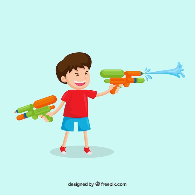 Kid playing with colorful water guns