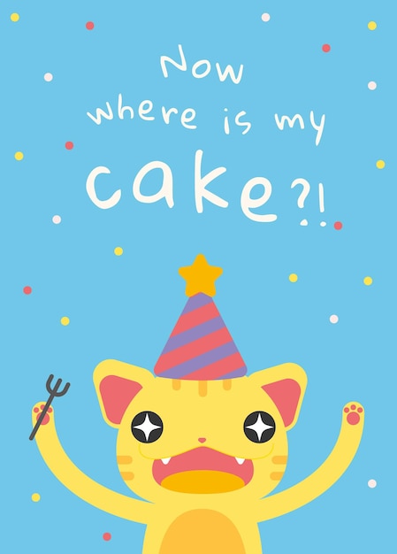 Free vector kid's birthday greeting template vector with cute hungry cat cartoon