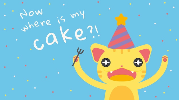 Free Vector kid's birthday greeting template with cute hungry cat cartoon