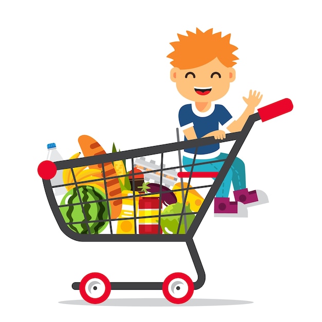 Free Vector kid sitting in a supermarket shopping cart