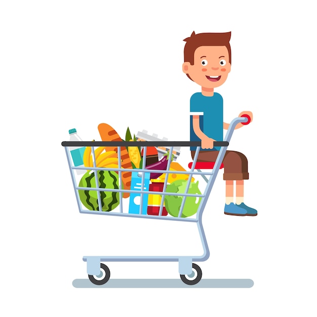 Free Vector kid sitting in a supermarket shopping cart