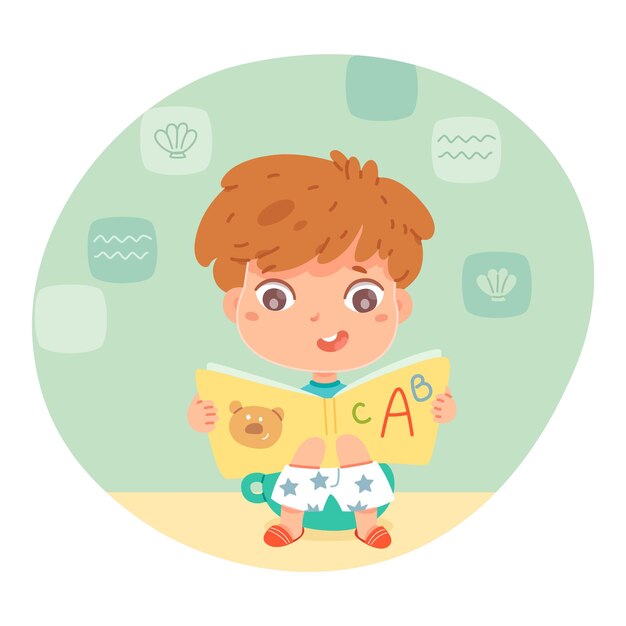 Kid sitting on toilet with book in bathroom Little happy boy on toilet pot reading alphabet book healthy daily lifestyle routine