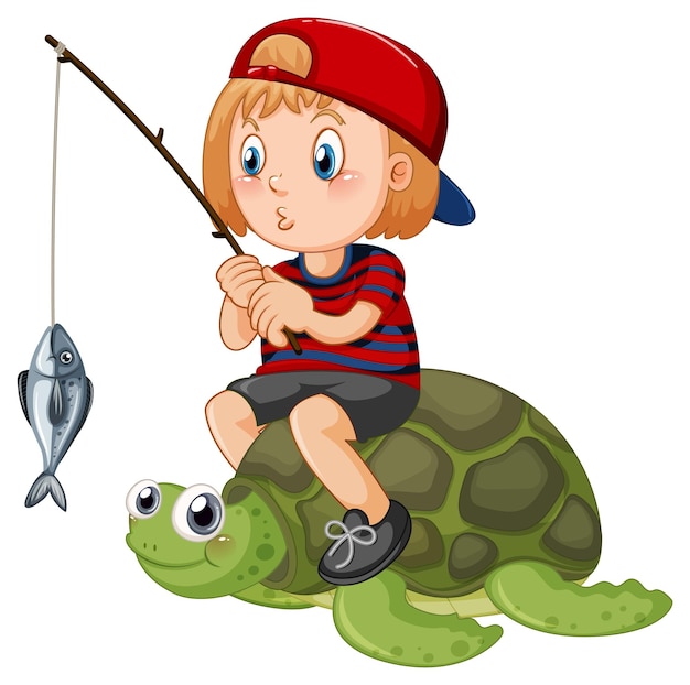 Free Vector kid sitting on turtle fishing