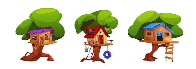 Free Vector kid treehouse cartoon wooden tree house vector