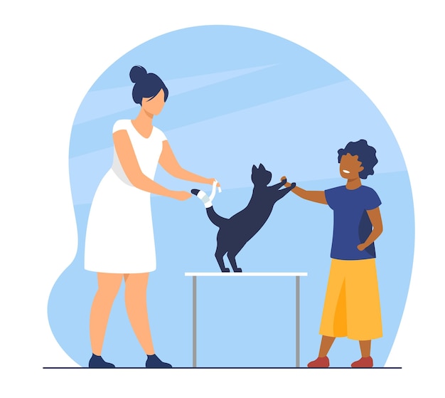 Free Vector kid visiting veterinary office with cat. trauma, treatment, pet examination. cartoon illustration