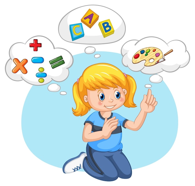 A kid with speech bubble templates learning on white background