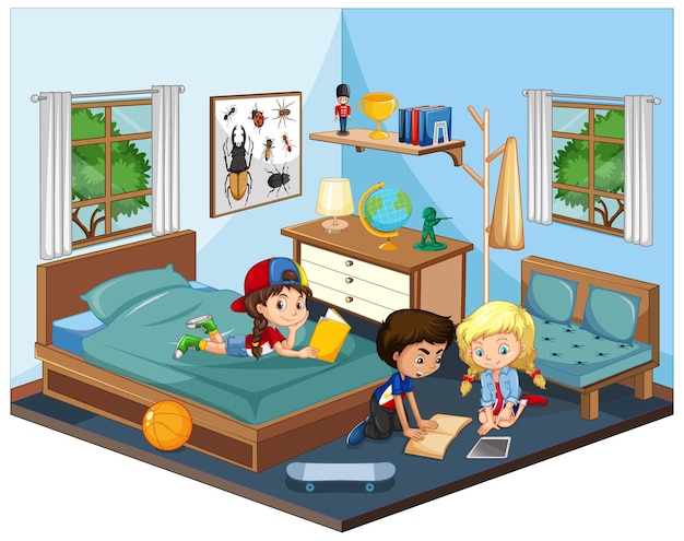 Kids in the bedroom in blue theme scene on white background