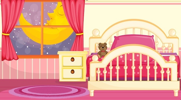 Free Vector kids bedroom interior design with furniture in pink theme