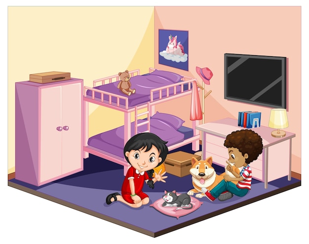 Kids in the bedroom in pink theme scene