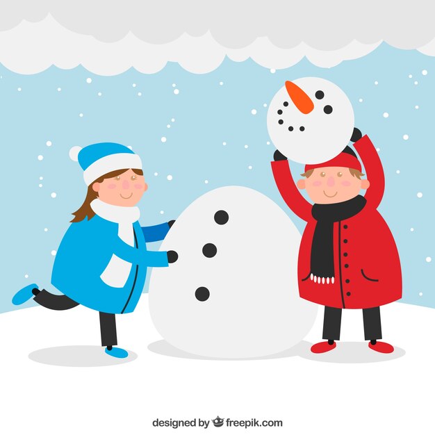 Kids building a snowman