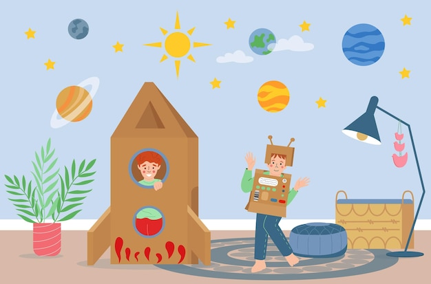 Free vector kids cardboard toys flat poster with carton rocket and robot vector illustration